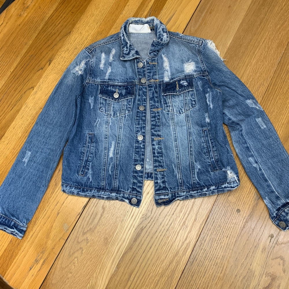 Mustard Seed Distressed Denim Jacket Medium Wash S10956 Womens Small Frayed Edgy